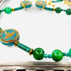 Luxury Malachite Style Necklace & Bracelet Set with Sculptural Cross